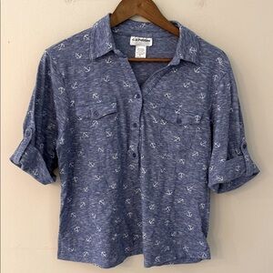 C.D. Petites Nautical top anchor novelty print Blue white Striped polo SZ PL